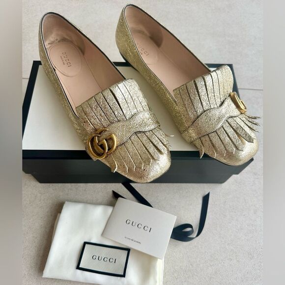 Gucci Shoes - Gucci Metallic Laminate Calfskin GG Marmont Fringe Flats in Gold Size 10.5/ 40.5